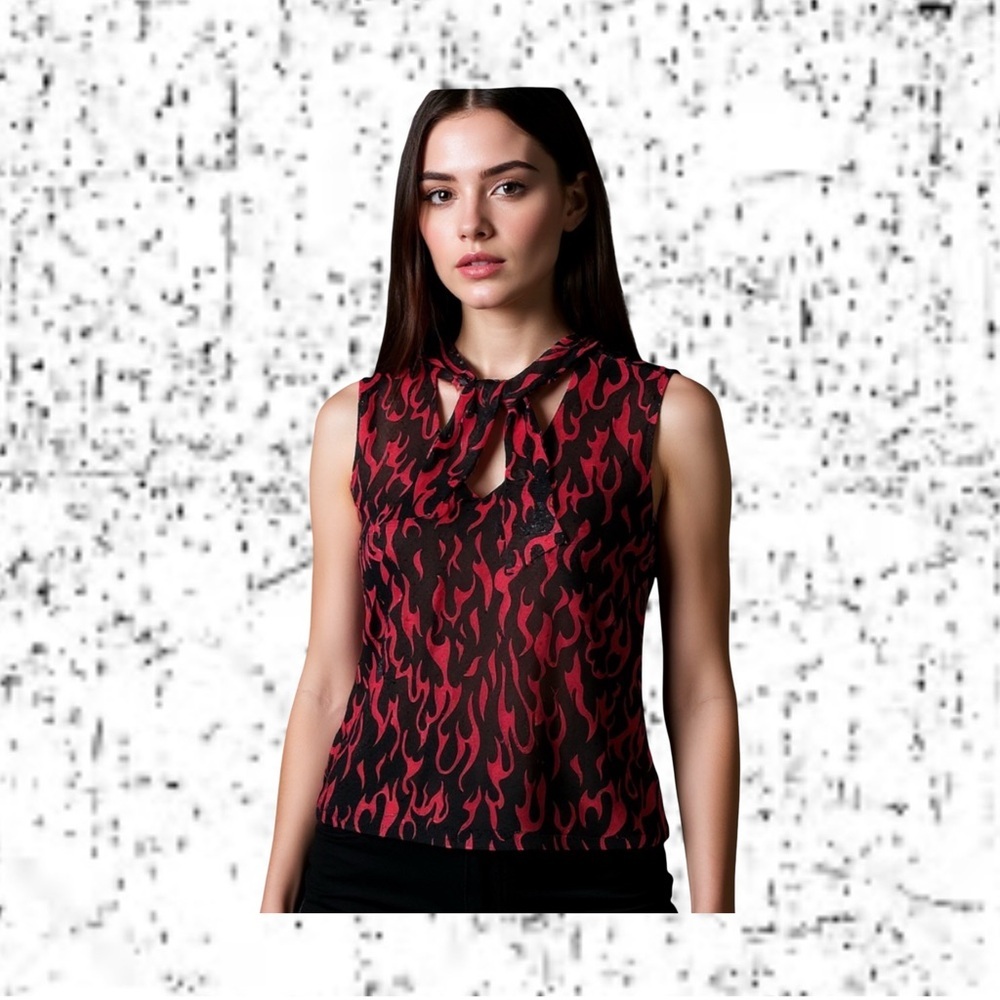 Sleeveless Red Flame Print Tie-Neck Blouse